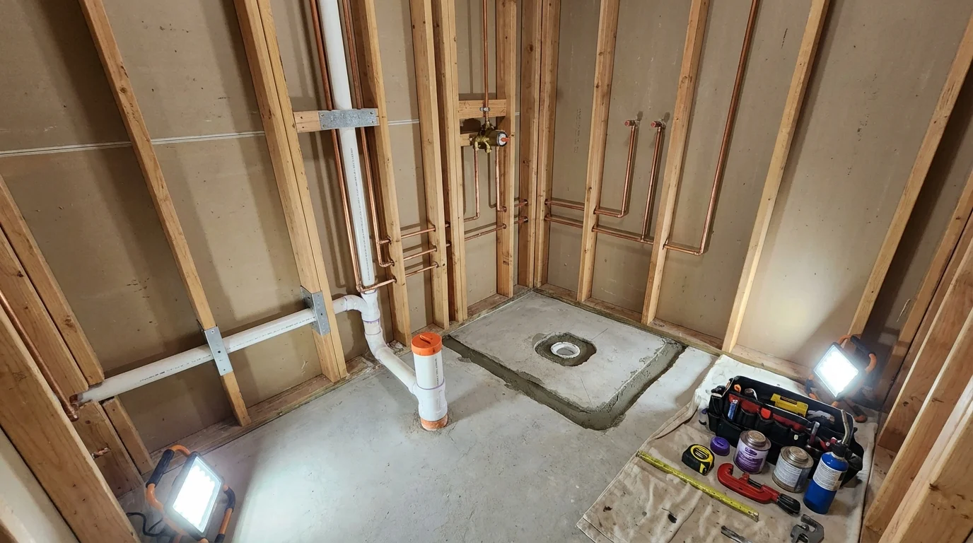 Bathroom rough-in plumbing during remodel by Johns Plumbing LLC in Fairfield