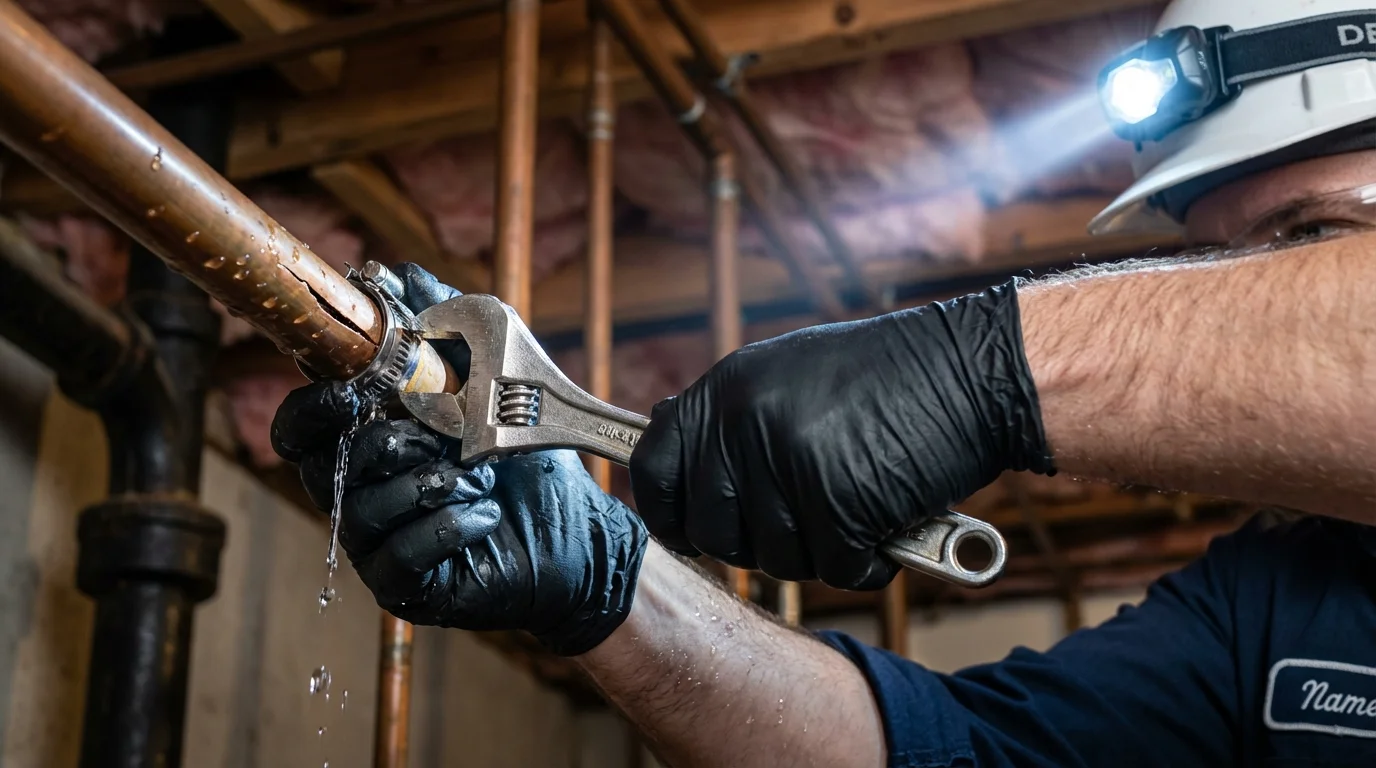 Emergency pipe clamp repair being performed by a Johns Plumbing LLC plumber in Fairfield